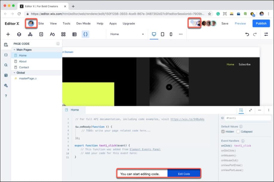 Editing Code in Editor X